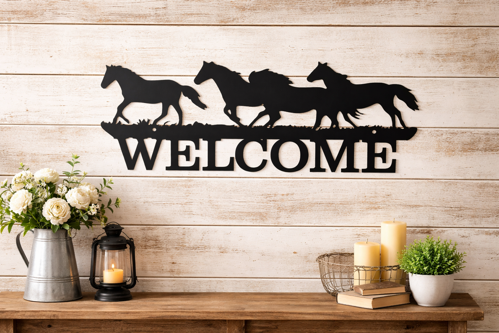Running Horses “Welcome” Metal Wall Sign – Rustic Farmhouse & Western Décor