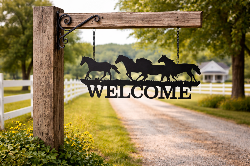 Running Horses “Welcome” Metal Wall Sign – Rustic Farmhouse & Western Décor