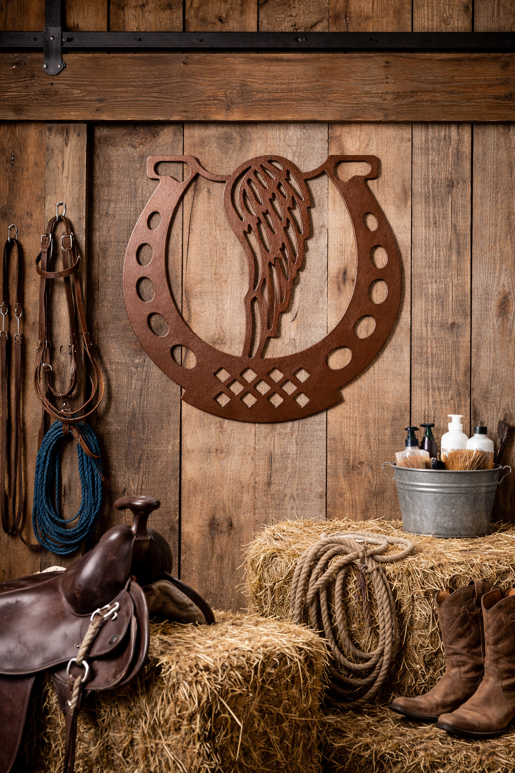 Rustic Horseshoe & Angel Wing Metal Wall Art