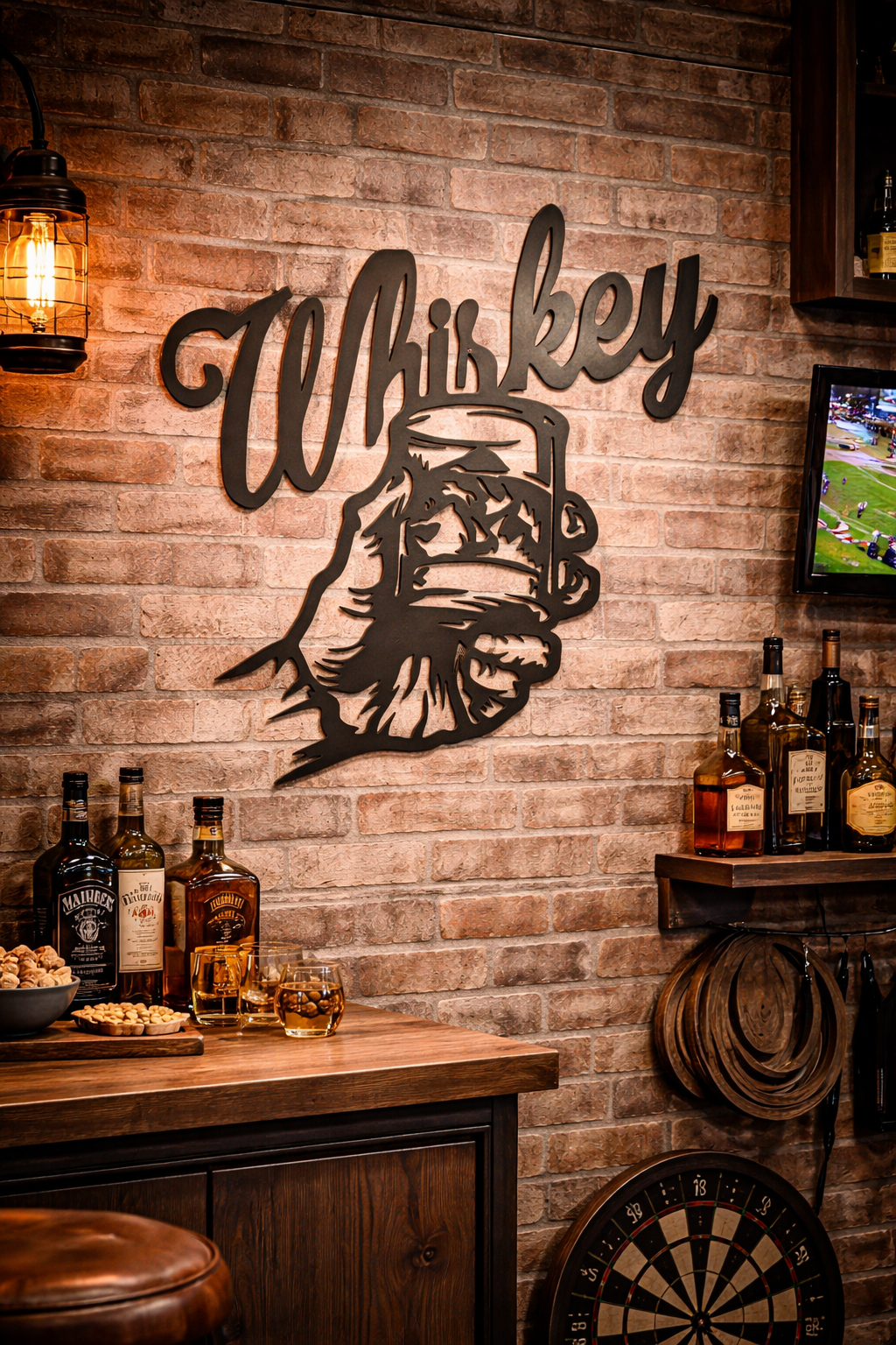 “Whiskey” Rustic Metal Wall Sign with Hand & Glass