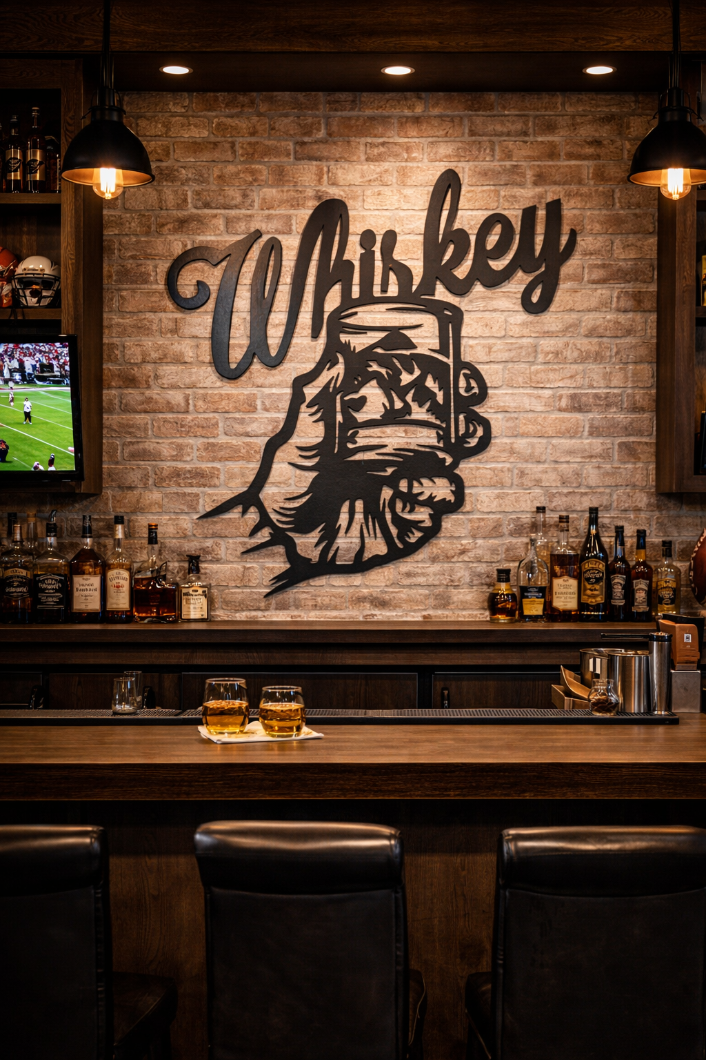 “Whiskey” Rustic Metal Wall Sign with Hand & Glass