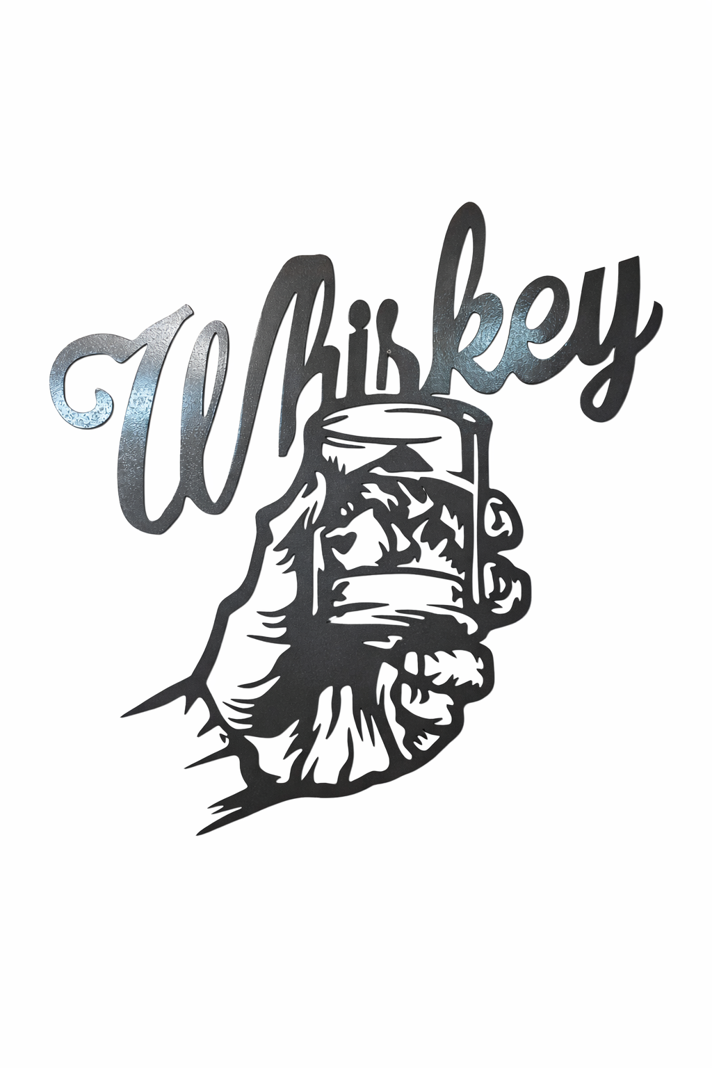 “Whiskey” Rustic Metal Wall Sign with Hand & Glass