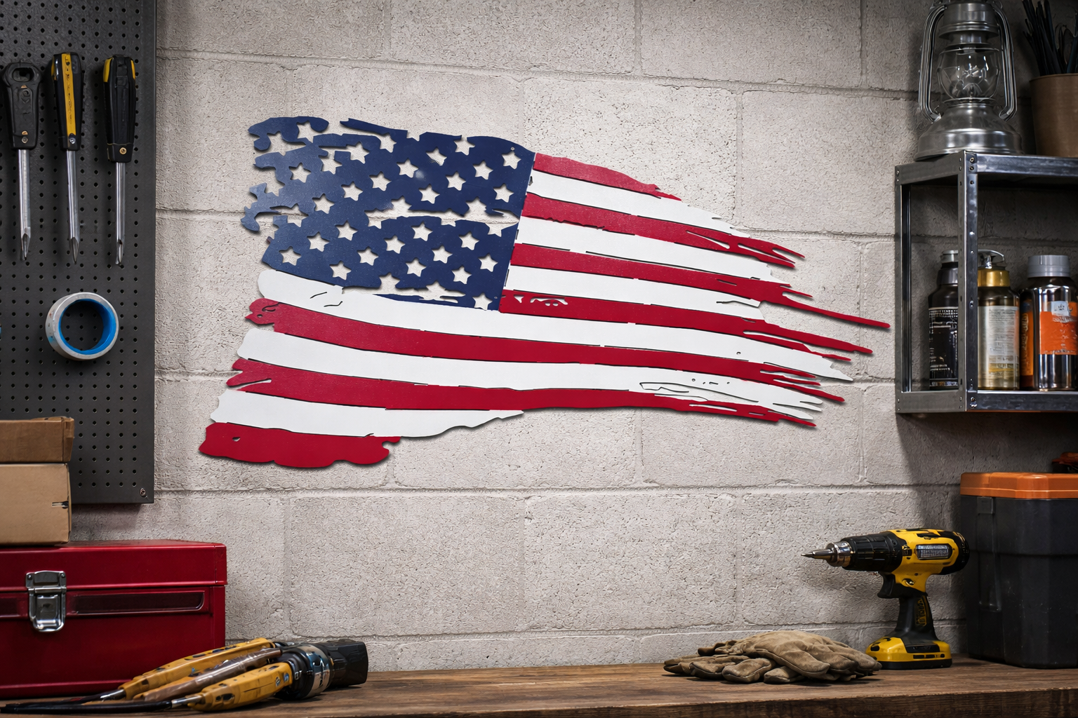 Distressed American Flag Metal Wall Sign – Rustic Patriotic Wall Art for Home or Garage